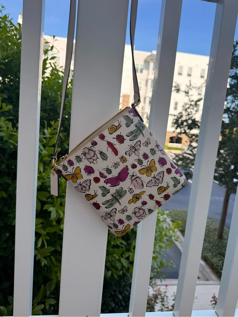 Coach Cream Crossbody Bag with Colorful Butterfly & Insect Print